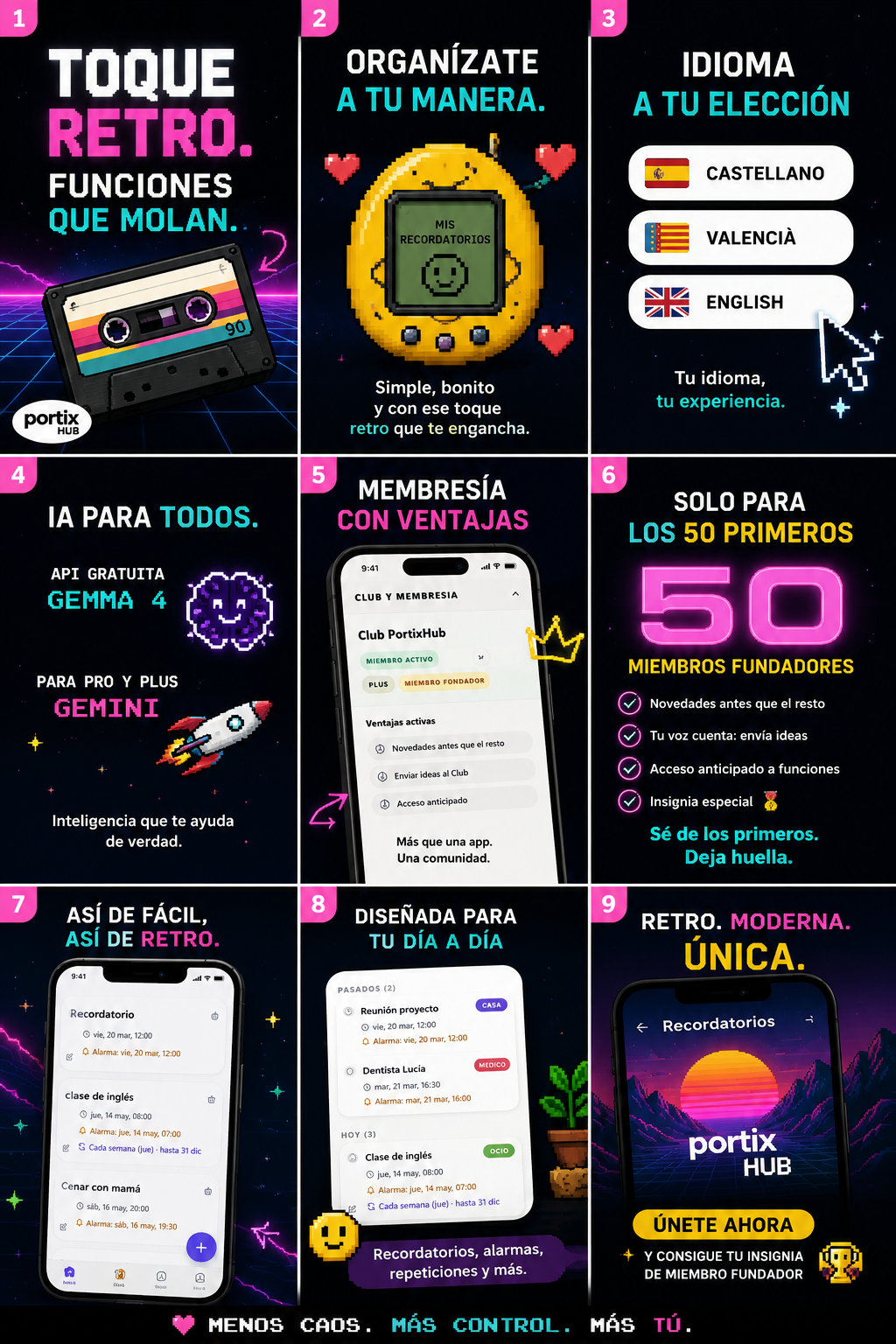 Interfaz retro moderna de RecordatoriosIA con funciones inteligentes