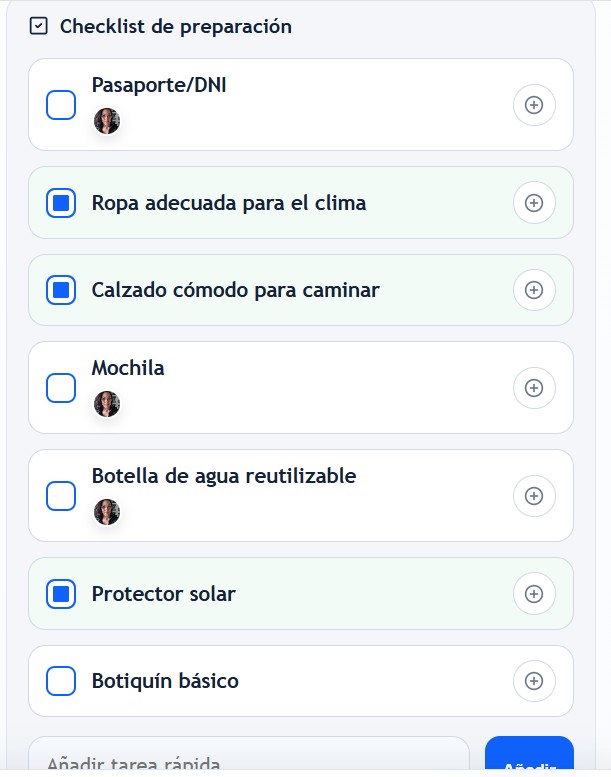Ejemplo de checklist de viaje creada con Plan Rápido