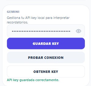 Pantalla para añadir la API de Gemini en RecordatoriosIA