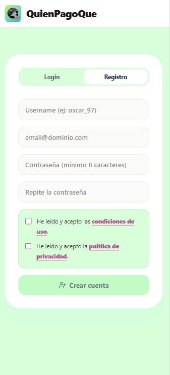 Pantalla de registro de QuiénPagoQué